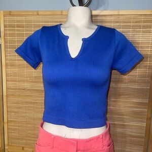 Cotton Candy vibrant blue ripped short sleeve top tee shirt stretchy M L